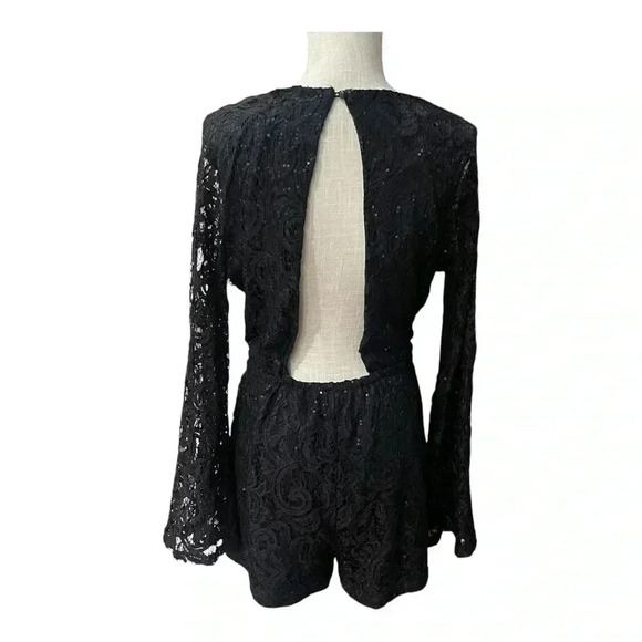 Venus Black Sequin Lace Open Back Bell Long Sleeves Romper Elastic Waist Size L - Picture 2 of 16